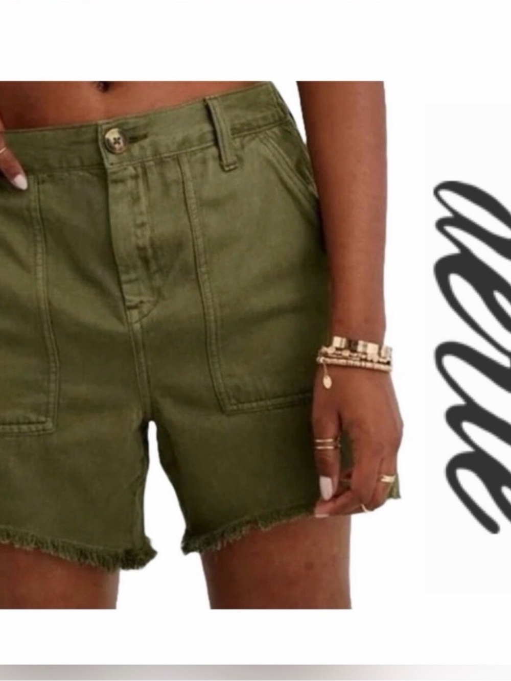 New Aerie Adventure Cutoff Shorts in olive green with pockets & hem fray.